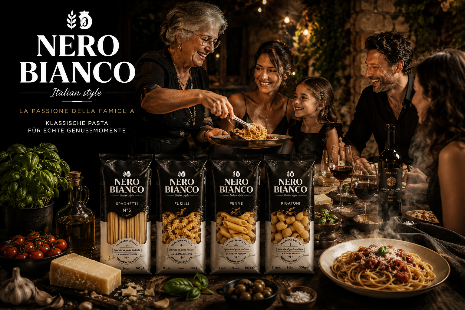 Italienisches Festmahl mit Familie und Pasta